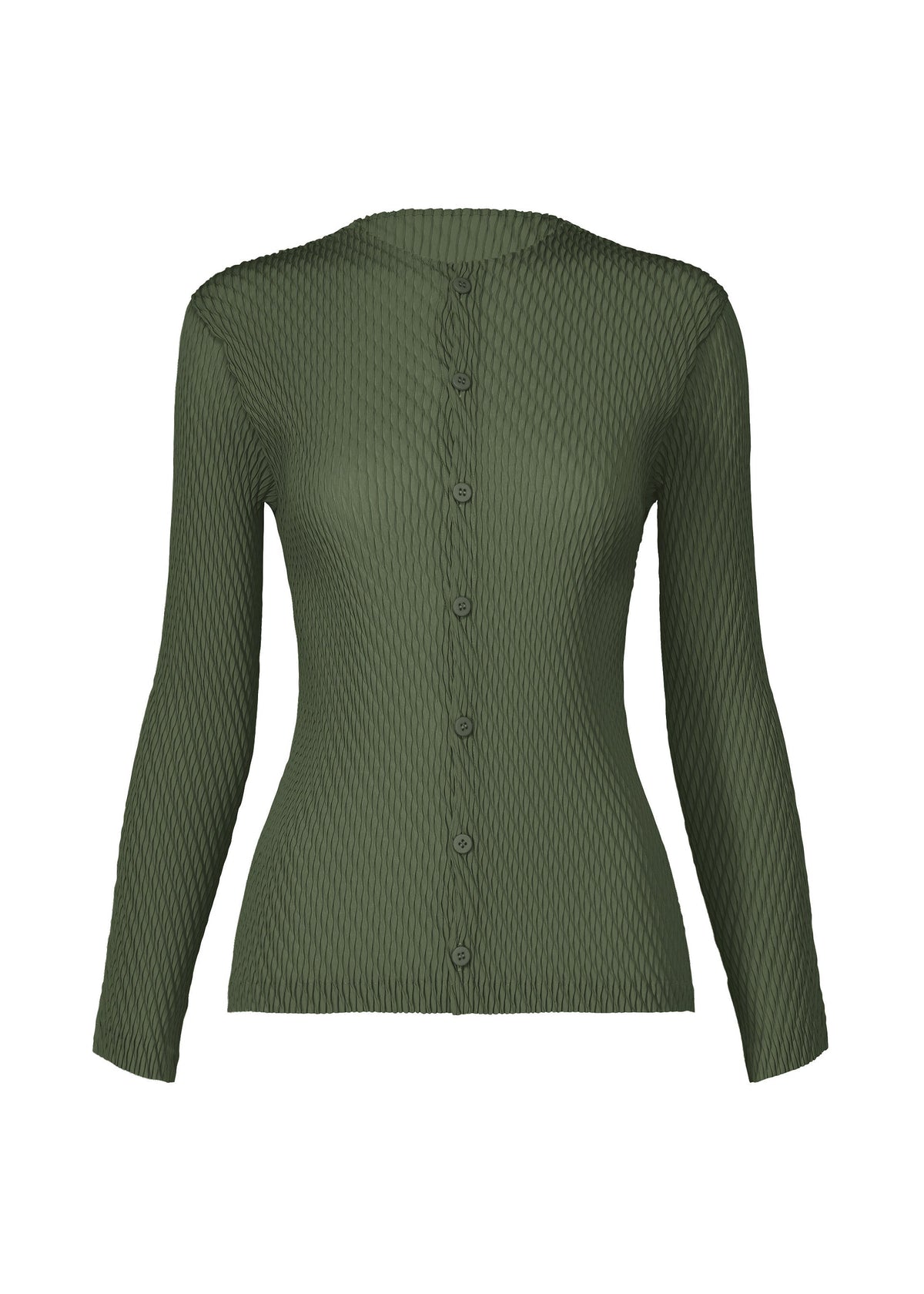 A product shot of the ISSEY MIYAKE RHOMBUS PLEATS cardigan in dark green (63).