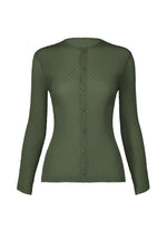 A product shot of the ISSEY MIYAKE RHOMBUS PLEATS cardigan in dark green (63).