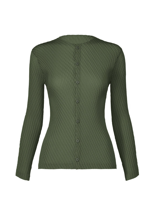 A product shot of the ISSEY MIYAKE RHOMBUS PLEATS cardigan in dark green (63).