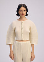A model wears the ISSEY MIYAKE LINEN LIKE RIB PLEATS cardigan.