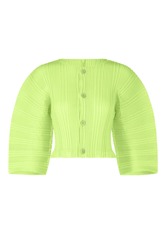 A product shot of the ISSEY MIYAKE LINEN LIKE RIB PLEATS cardigan in lime green (60).
