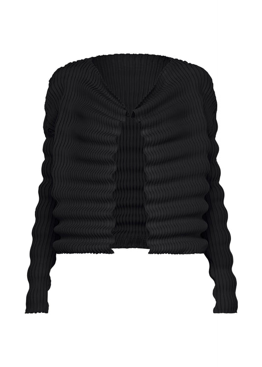 A product shot of the ISSEY MIYAKE SPRING PLEATS cardigan in black.