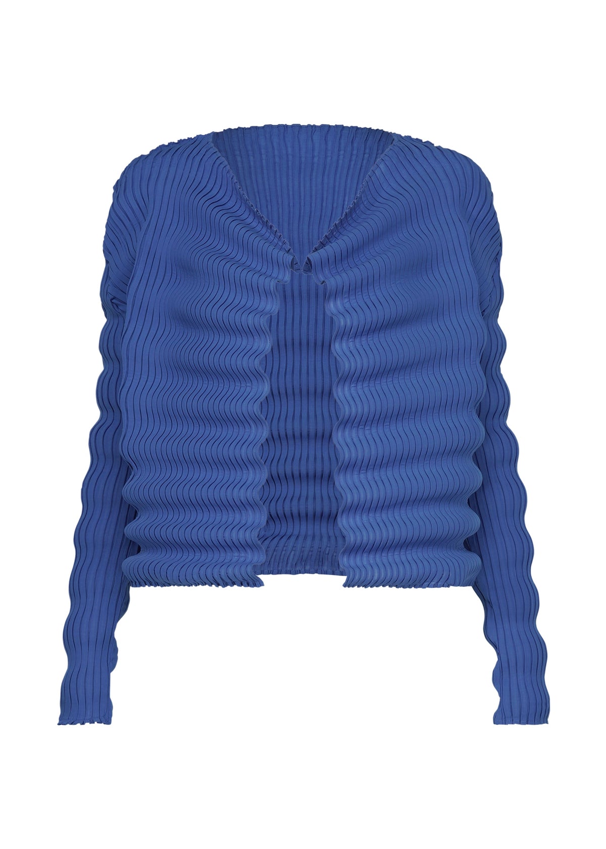 A product shot of the ISSEY MIYAKE SPRING PLEATS cardigan in starling blue.