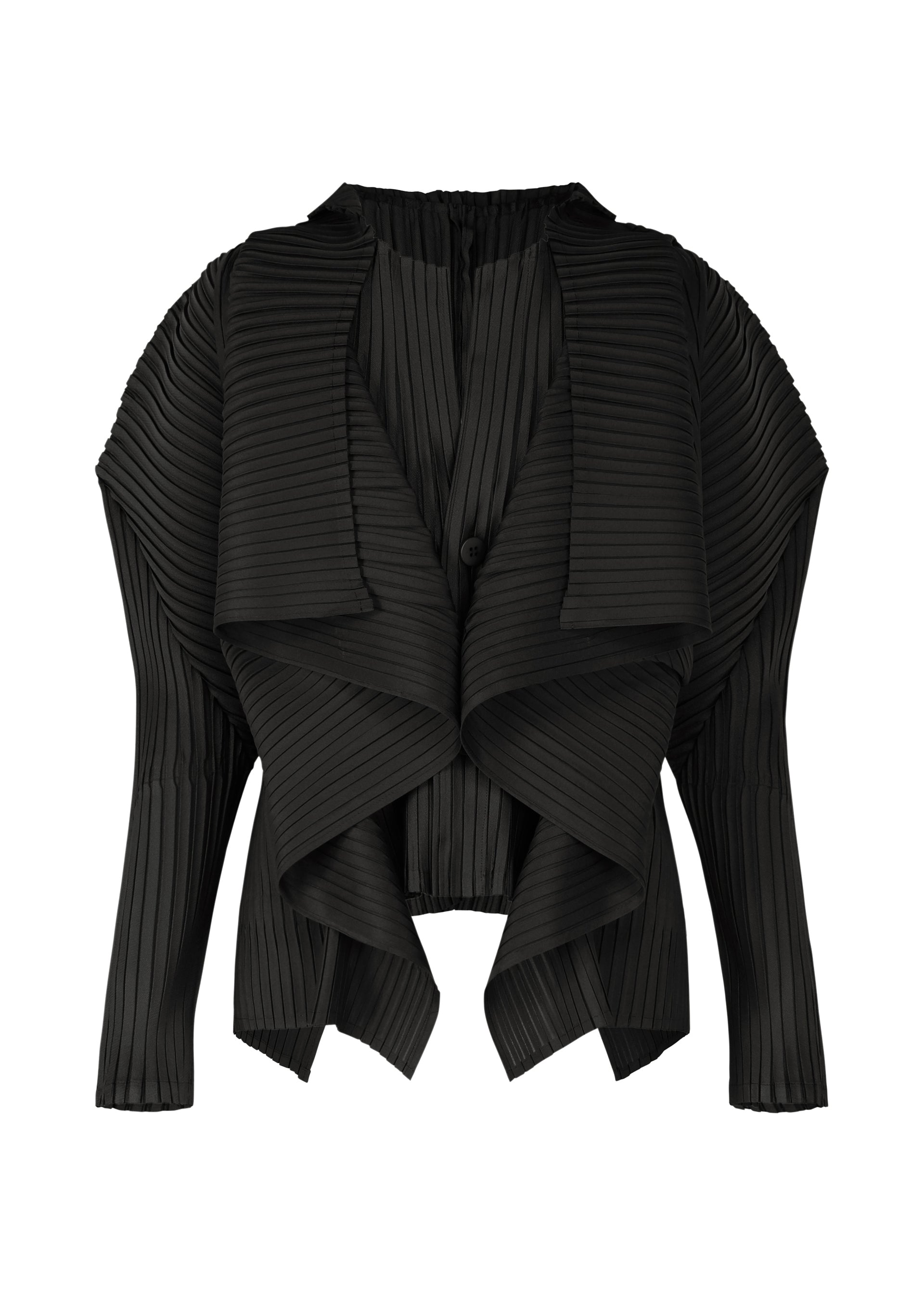 A product shot of the ISSEY MIYAKE PLEATED ON PLEATS cardigan in black (15).