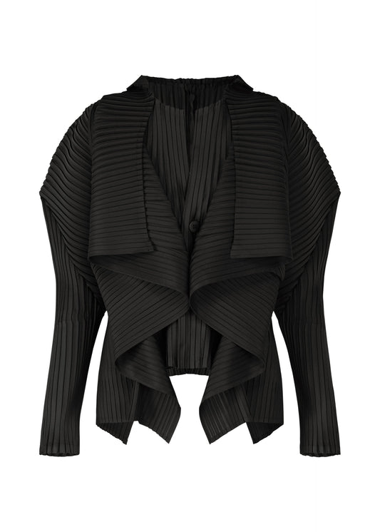 A product shot of the ISSEY MIYAKE PLEATED ON PLEATS cardigan in black (15).