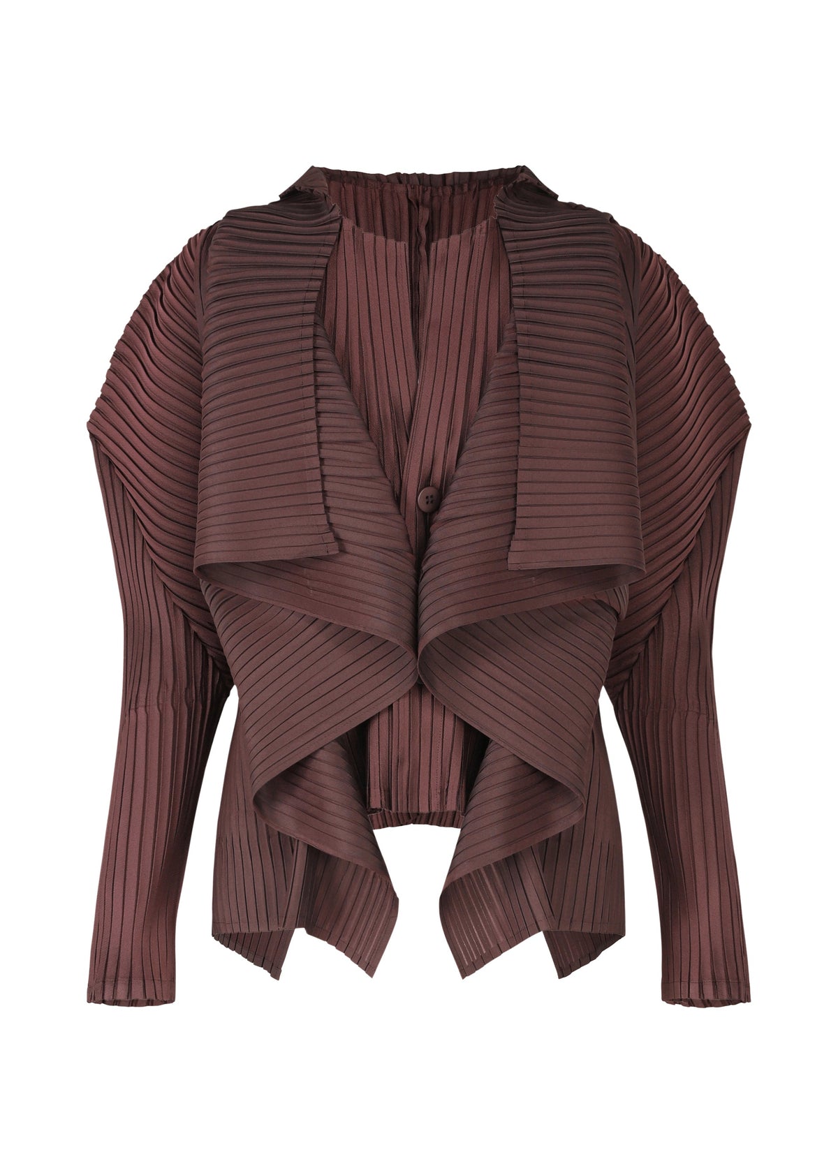 A product shot of the ISSEY MIYAKE PLEATED ON PLEATS cardigan in burgundy (85).