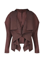 A product shot of the ISSEY MIYAKE PLEATED ON PLEATS cardigan in burgundy (85).