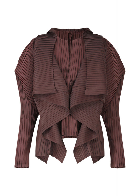 A product shot of the ISSEY MIYAKE PLEATED ON PLEATS cardigan in burgundy (85).