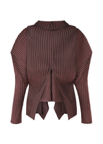 A detail shot of the ISSEY MIYAKE PLEATED ON PLEATS cardigan.