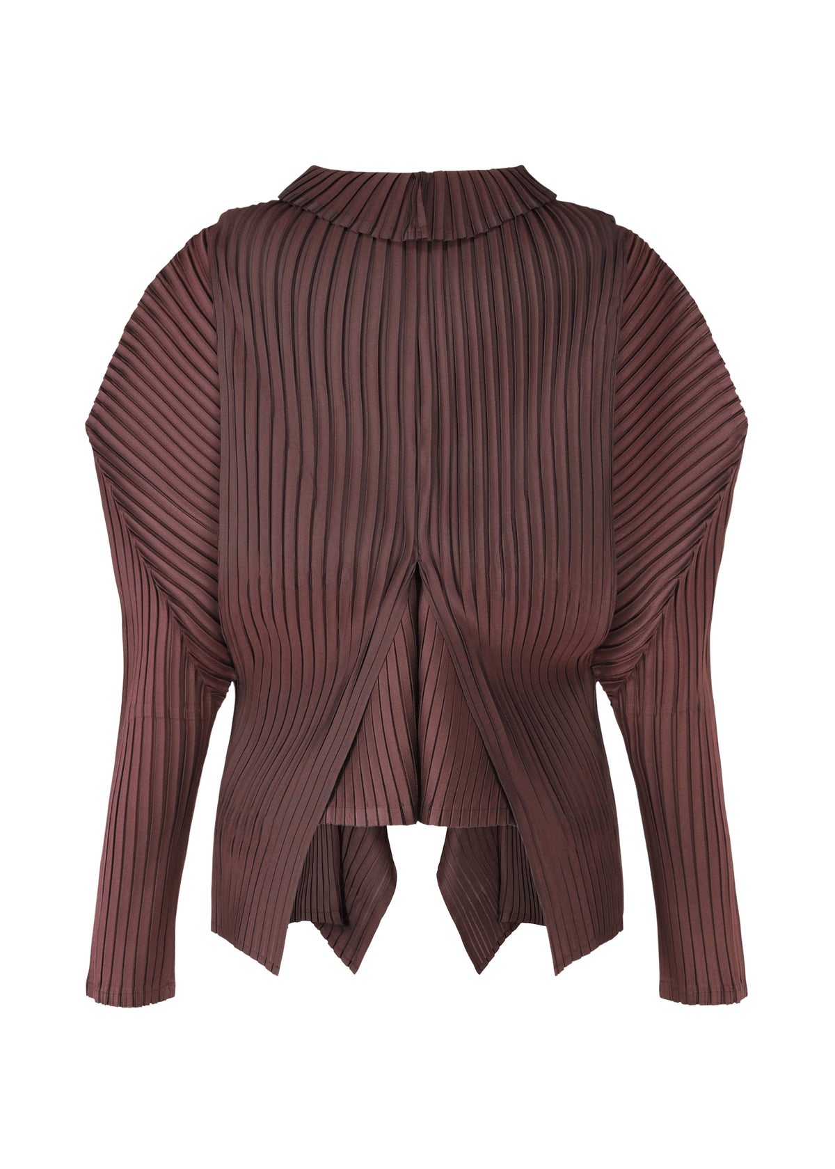 A detail shot of the ISSEY MIYAKE PLEATED ON PLEATS cardigan.
