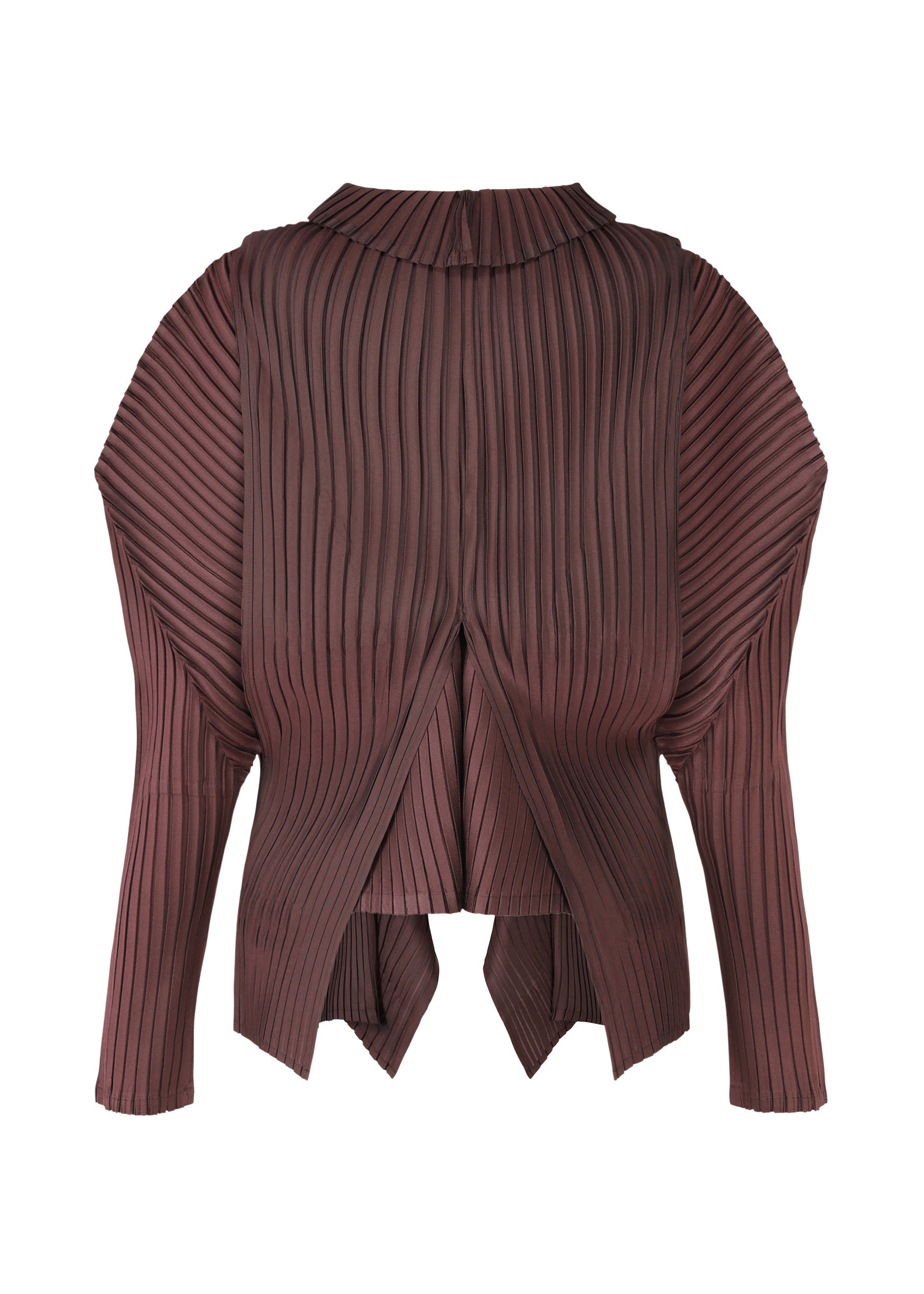 A detail shot of the ISSEY MIYAKE PLEATED ON PLEATS cardigan.