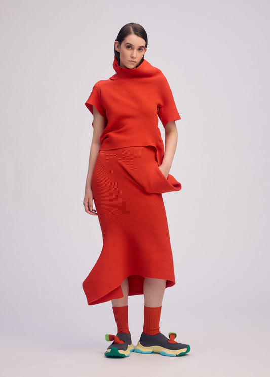 A model wears the ISSEY MIYAKE LIFE FORM skirt.