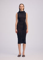 A model wears the ISSEY MIYAKE ADVENTITIOUS HIGH NECKS dress.
