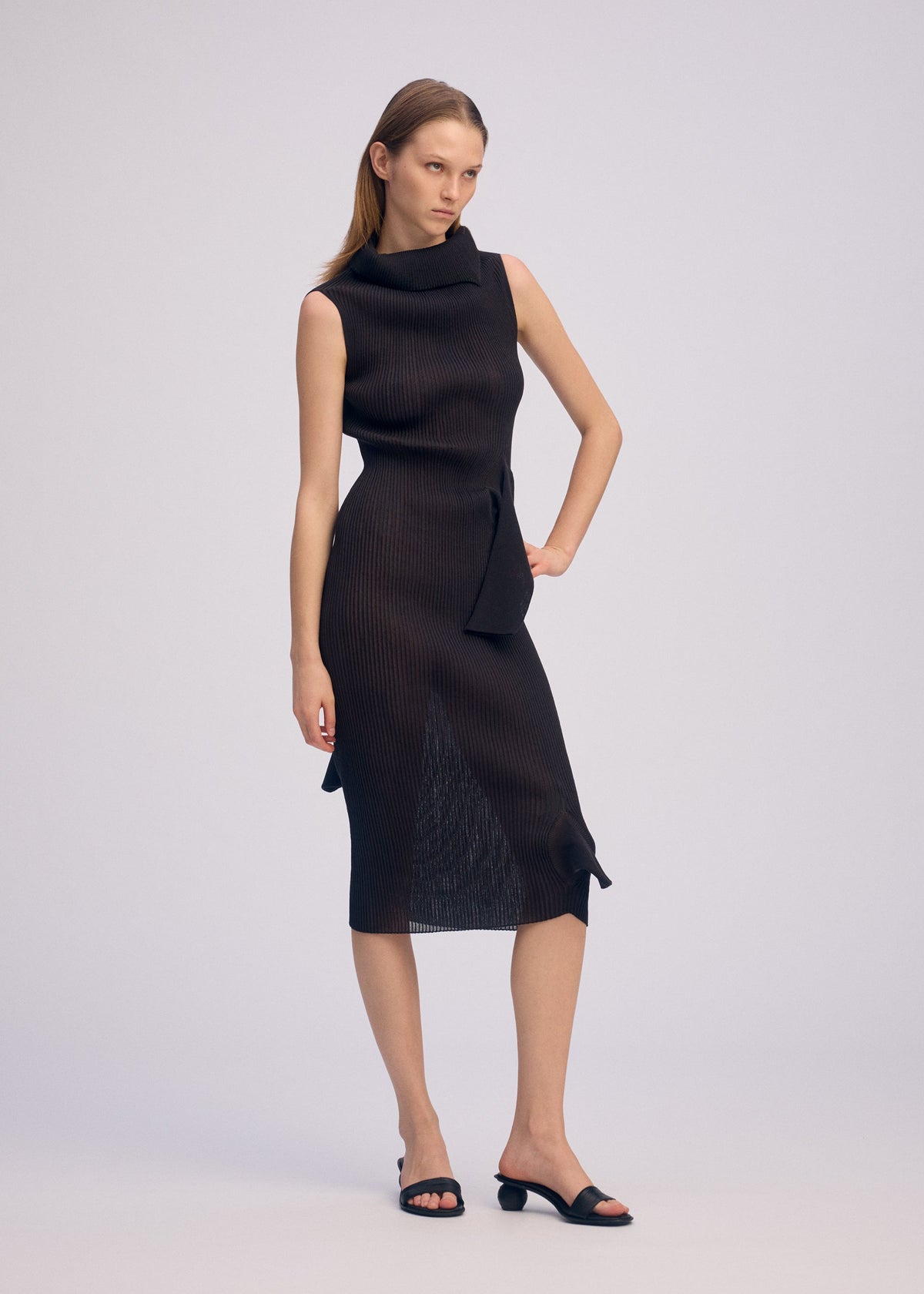 A model wears the ISSEY MIYAKE ADVENTITIOUS HIGH NECKS dress.
