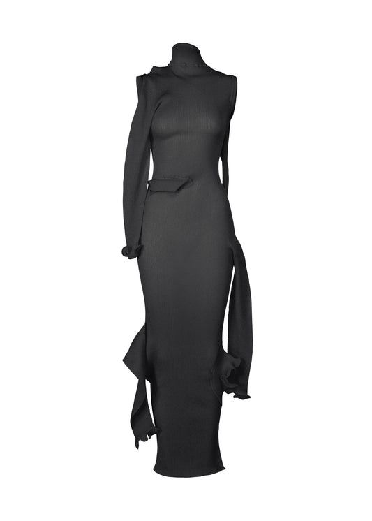 A product shot of the ISSEY MIYAKE ADVENTITIOUS SLEEVES dress in charcoal (14).