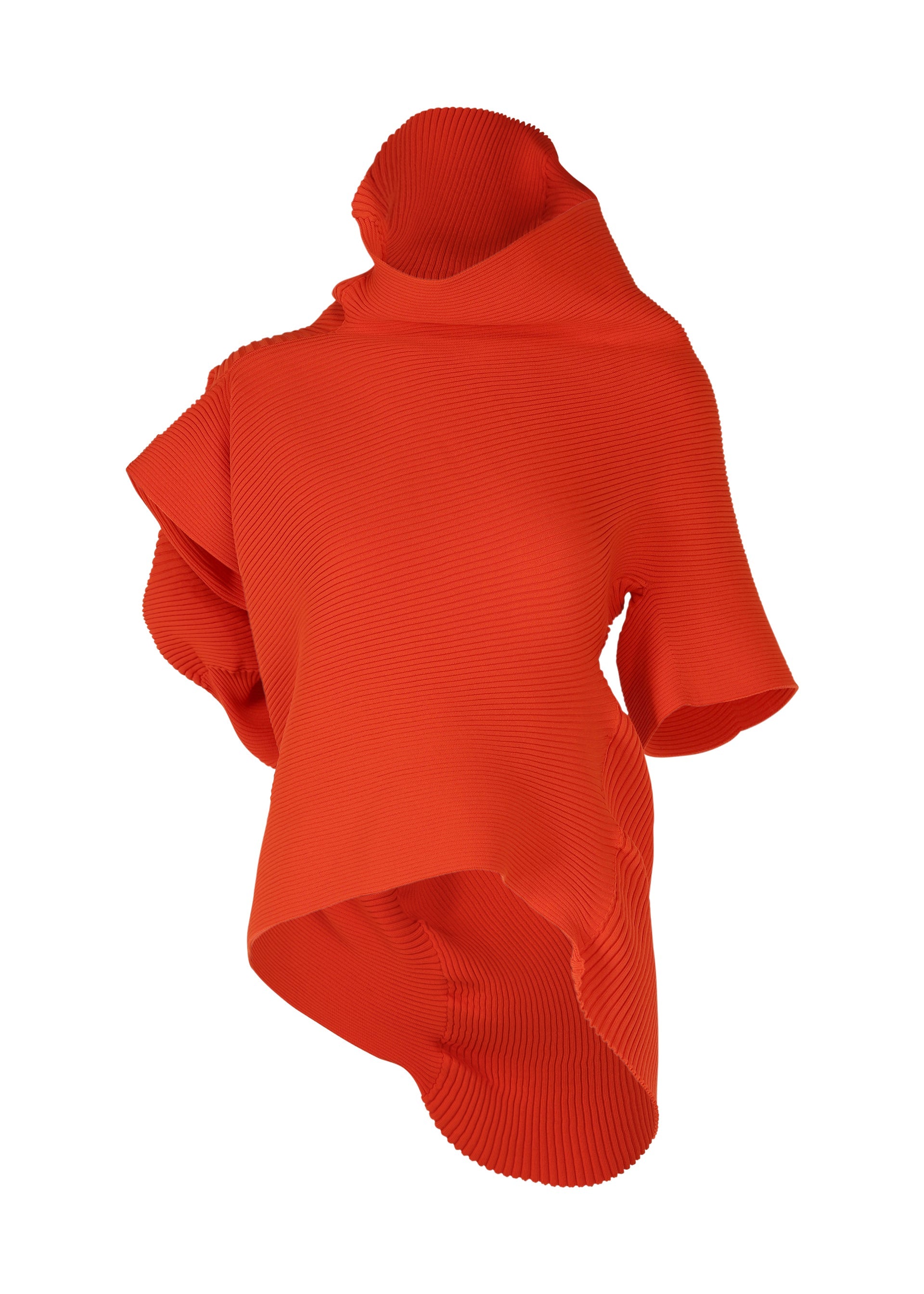 A product shot of the ISSEY MIYAKE LIFE FORM top in macaw red (28).