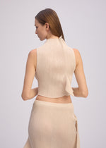 A model wears the ISSEY MIYAKE ADVENTITIOUS HIGH NECKS top.