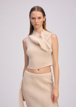 A model wears the ISSEY MIYAKE ADVENTITIOUS HIGH NECKS top.