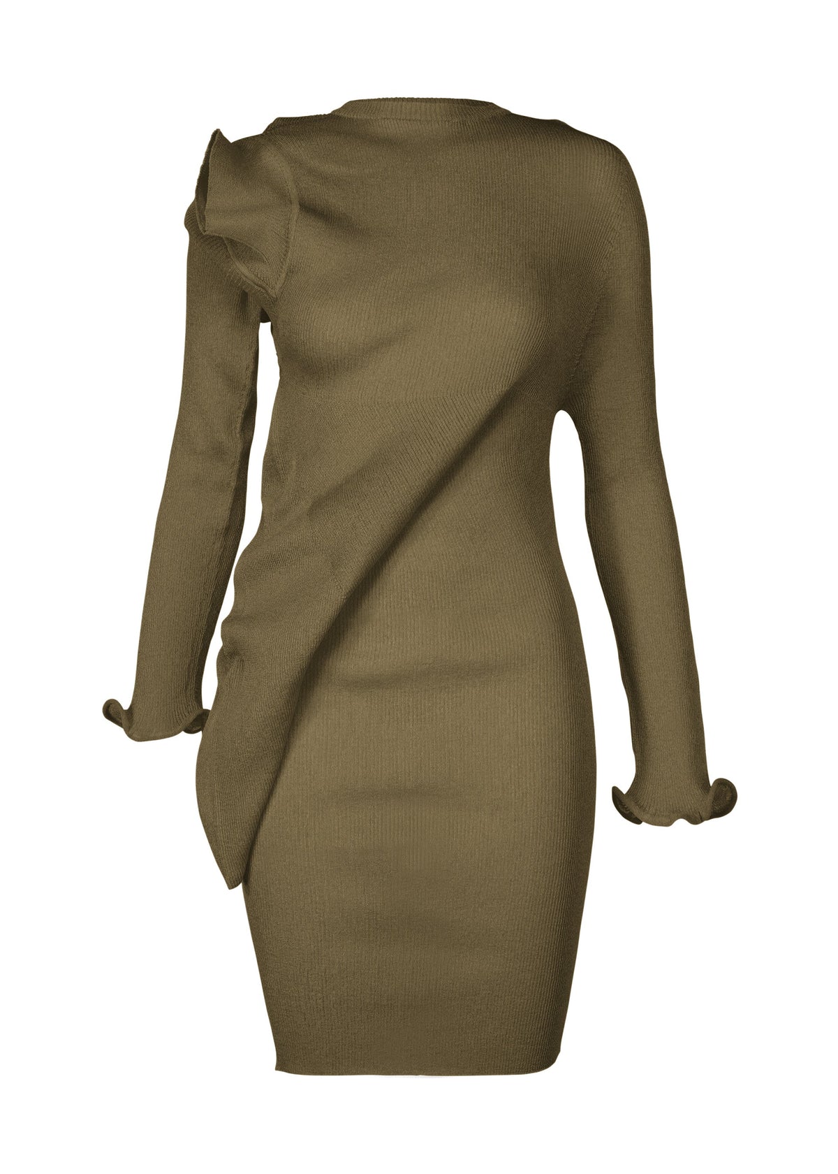 A product shot of the ISSEY MIYAKE ADVENTITIOUS SLEEVES dress in khaki (65).