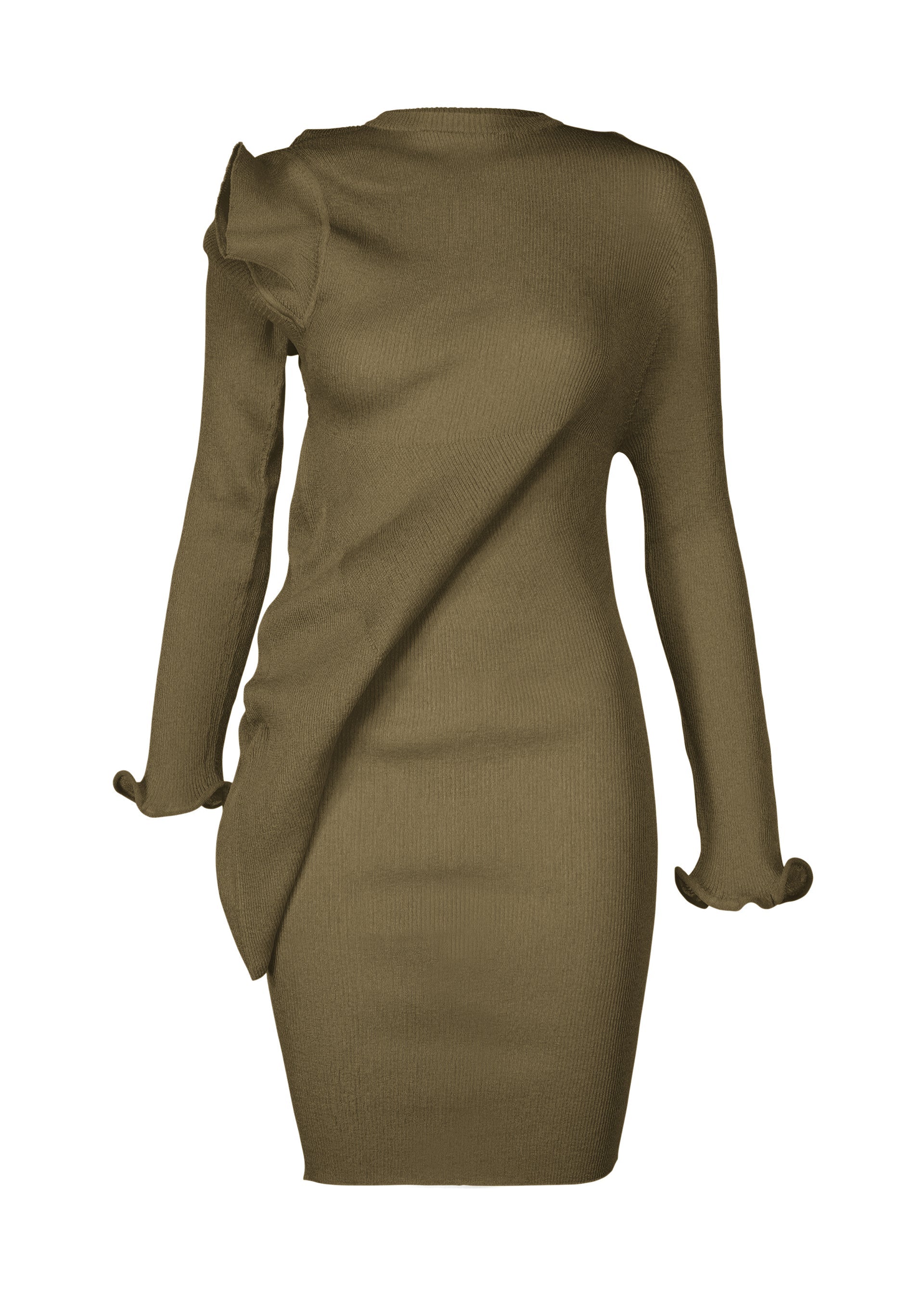 A product shot of the ISSEY MIYAKE ADVENTITIOUS SLEEVES dress in khaki (65).