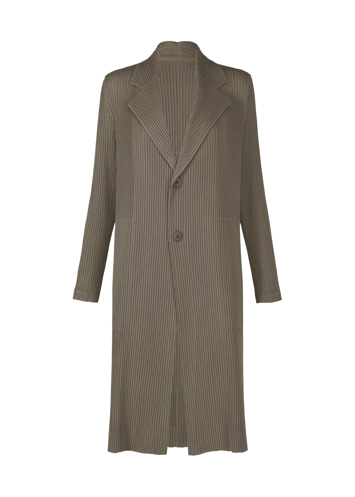 A product shot of the ISSEY MIYAKE HATCHING PLEATS coat in gray.