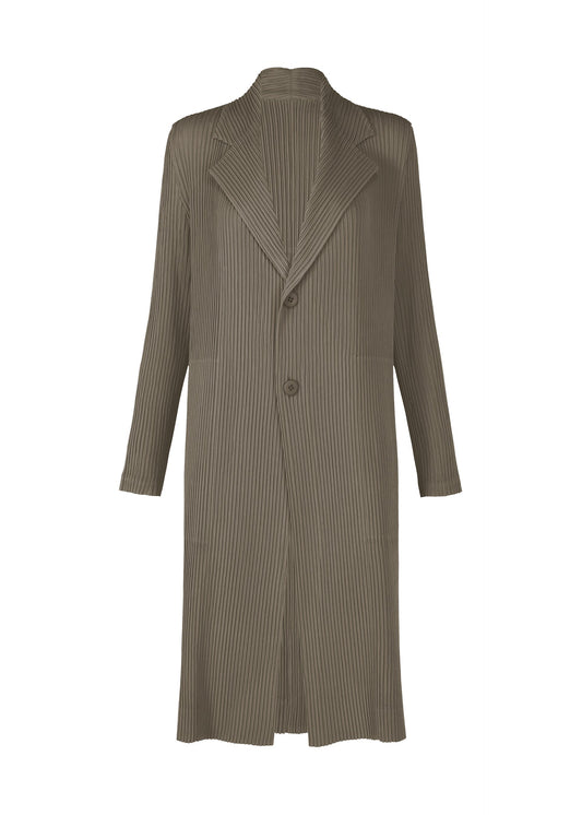 A product shot of the ISSEY MIYAKE HATCHING PLEATS coat in gray.