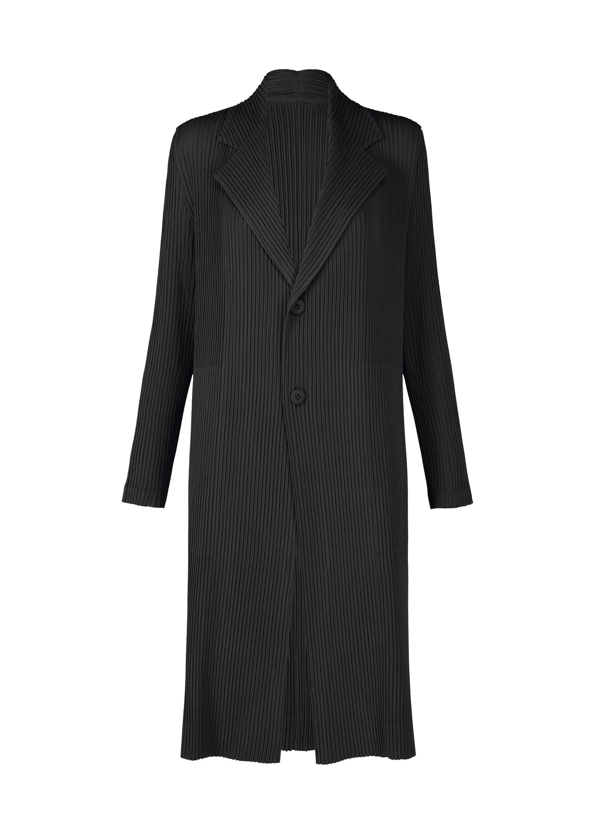 A product shot of the ISSEY MIYAKE HATCHING PLEATS coat in black.