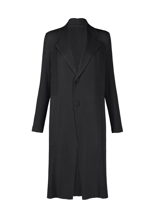 A product shot of the ISSEY MIYAKE HATCHING PLEATS coat in black.
