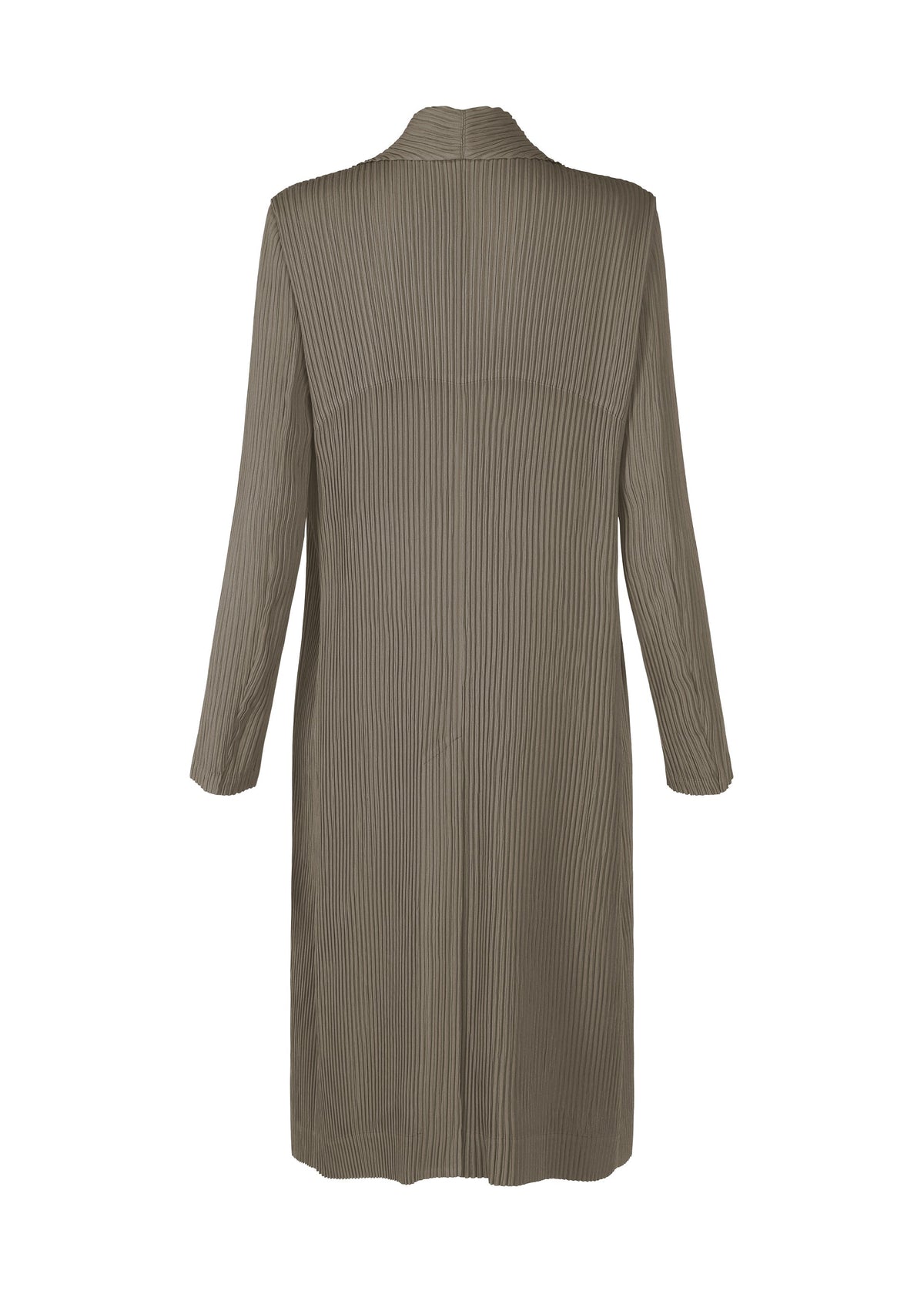 A detail shot of the ISSEY MIYAKE HATCHING PLEATS coat.