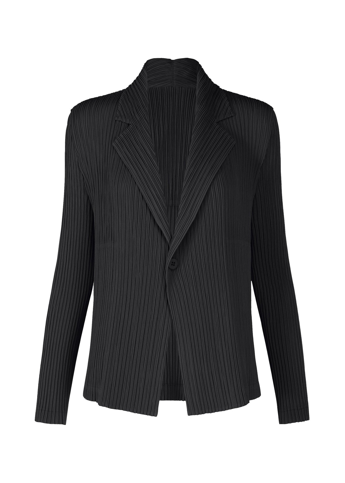 A product shot of the ISSEY MIYAKE HATCHING PLEATS jacket in black.