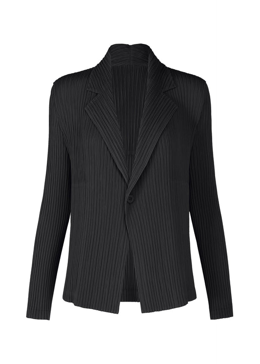 A product shot of the ISSEY MIYAKE HATCHING PLEATS jacket in black.