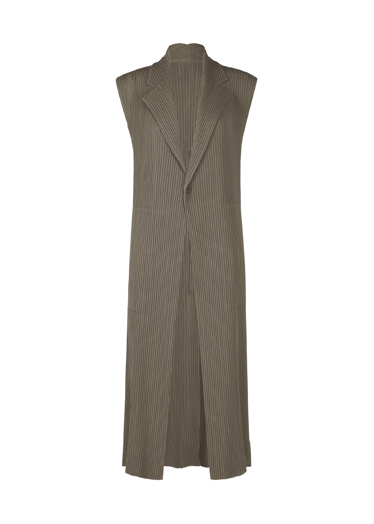 A product shot of the ISSEY MIYAKE HATCHING PLEATS vest in gray.