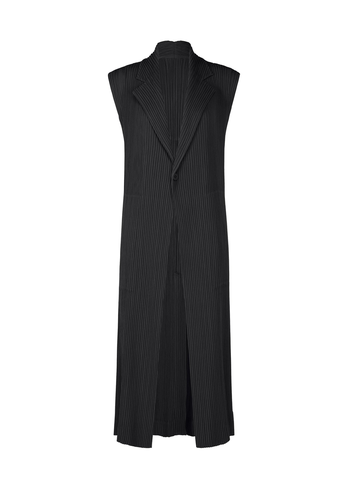 A product shot of the ISSEY MIYAKE HATCHING PLEATS vest in black.