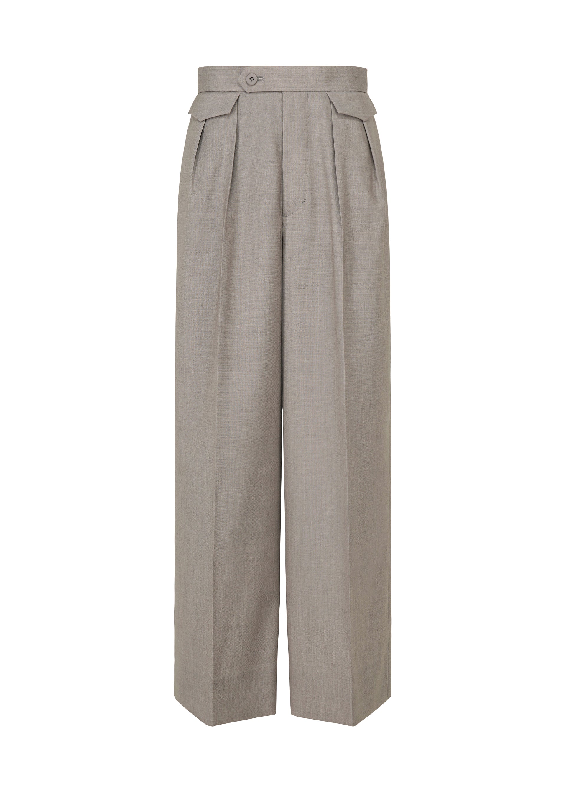A product shot of the ISSEY MIYAKE HONEST ENSEMBLE trousers in gray.