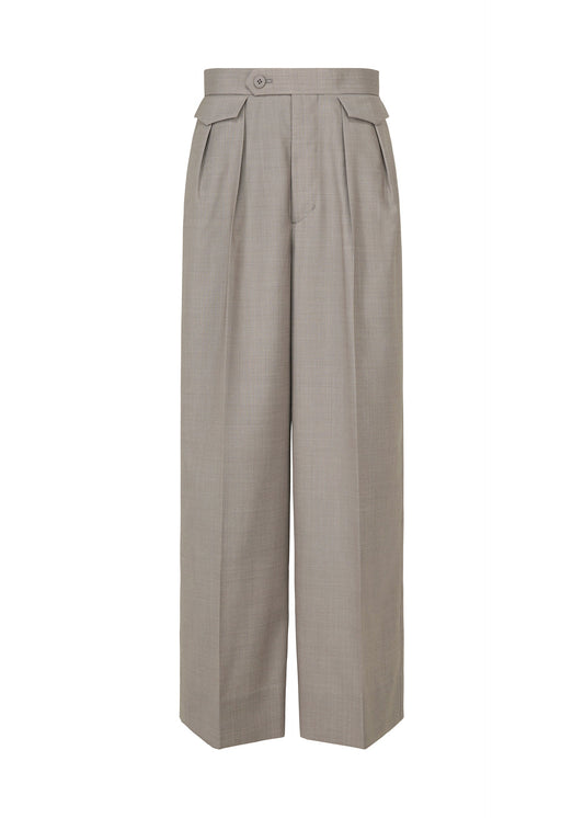 A product shot of the ISSEY MIYAKE HONEST ENSEMBLE trousers in gray.