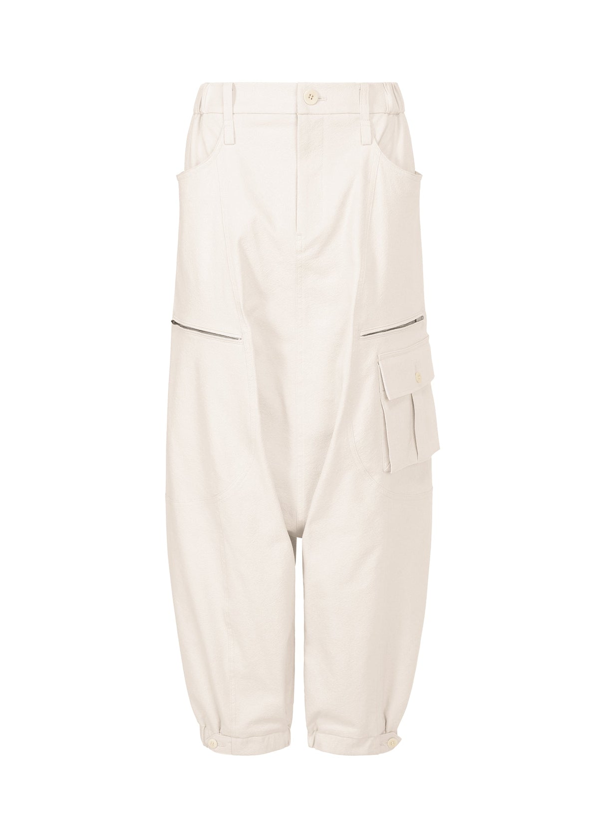 A product shot of the ISSEY MIYAKE GRAINY PANTS trousers in off-white.