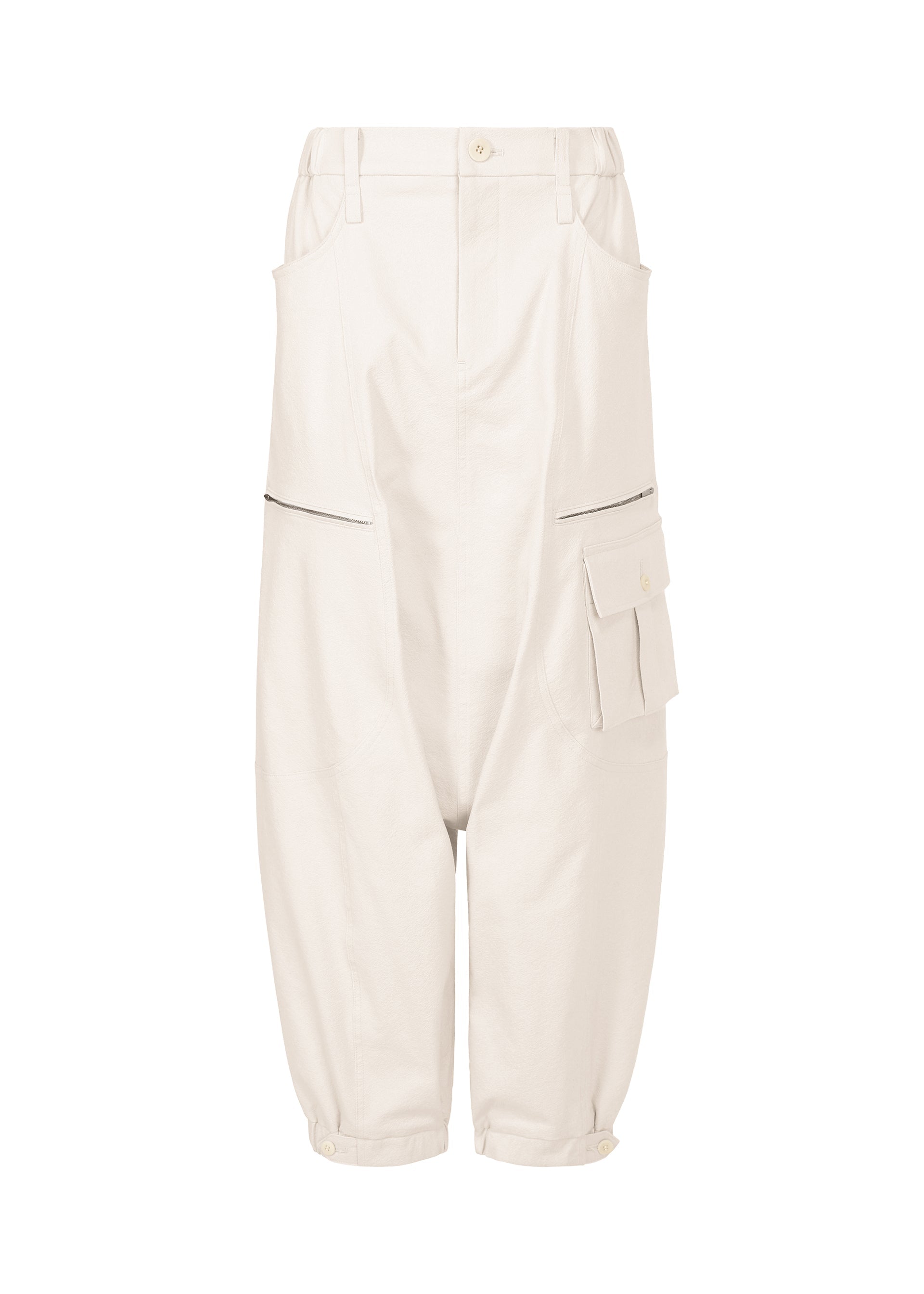 A product shot of the ISSEY MIYAKE GRAINY PANTS trousers in off-white.