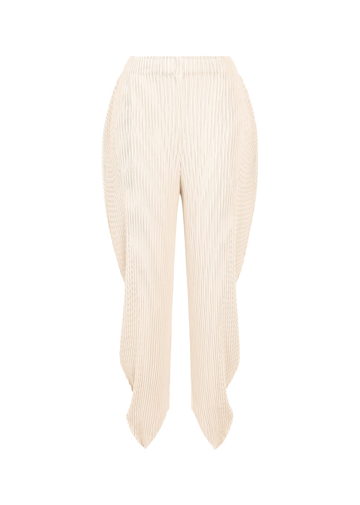 A product shot of the ISSEY MIYAKE LEAF PLEATS trousers in off-white.