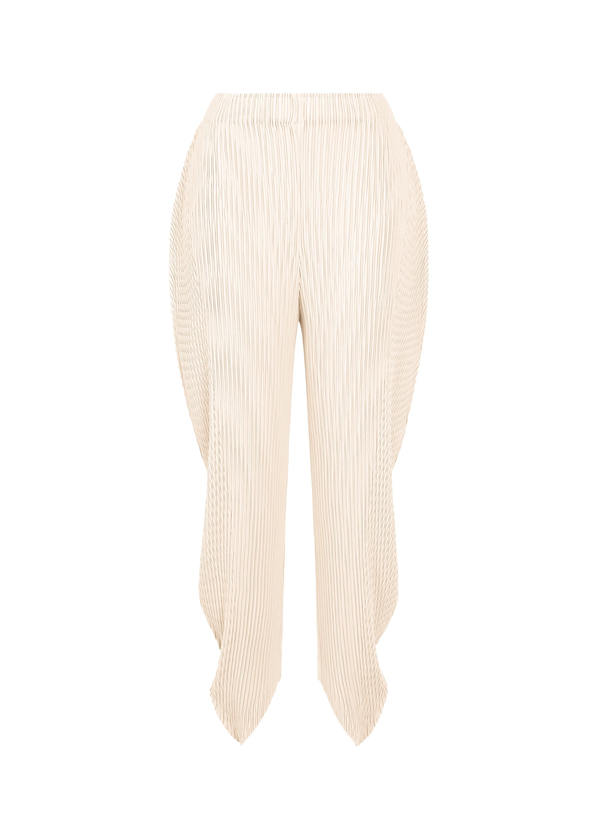 A product shot of the ISSEY MIYAKE LEAF PLEATS trousers in off-white.