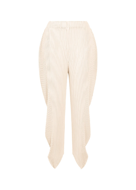 A product shot of the ISSEY MIYAKE LEAF PLEATS trousers in off-white.