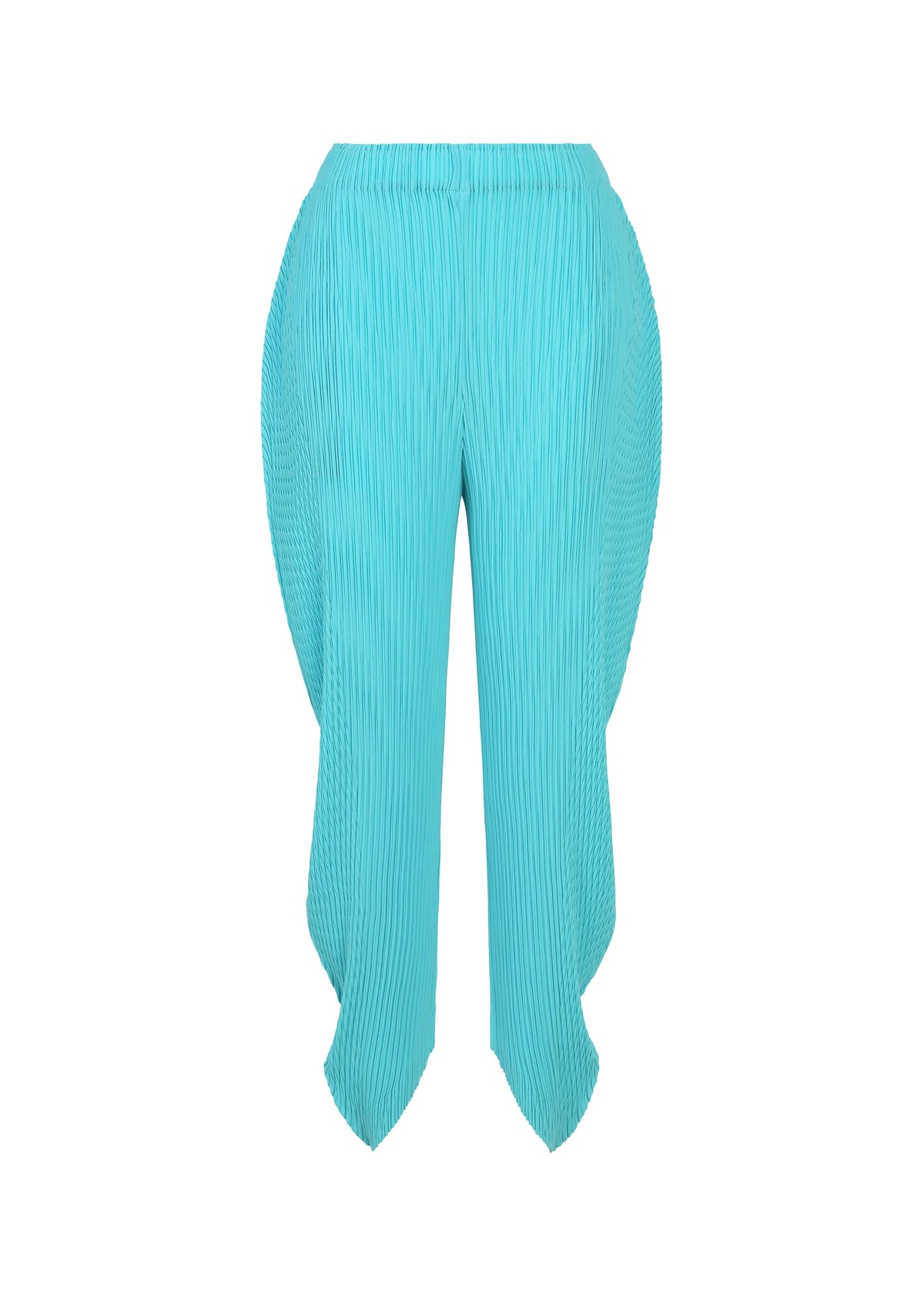 A product shot of the ISSEY MIYAKE LEAF PLEATS trousers in light blue.