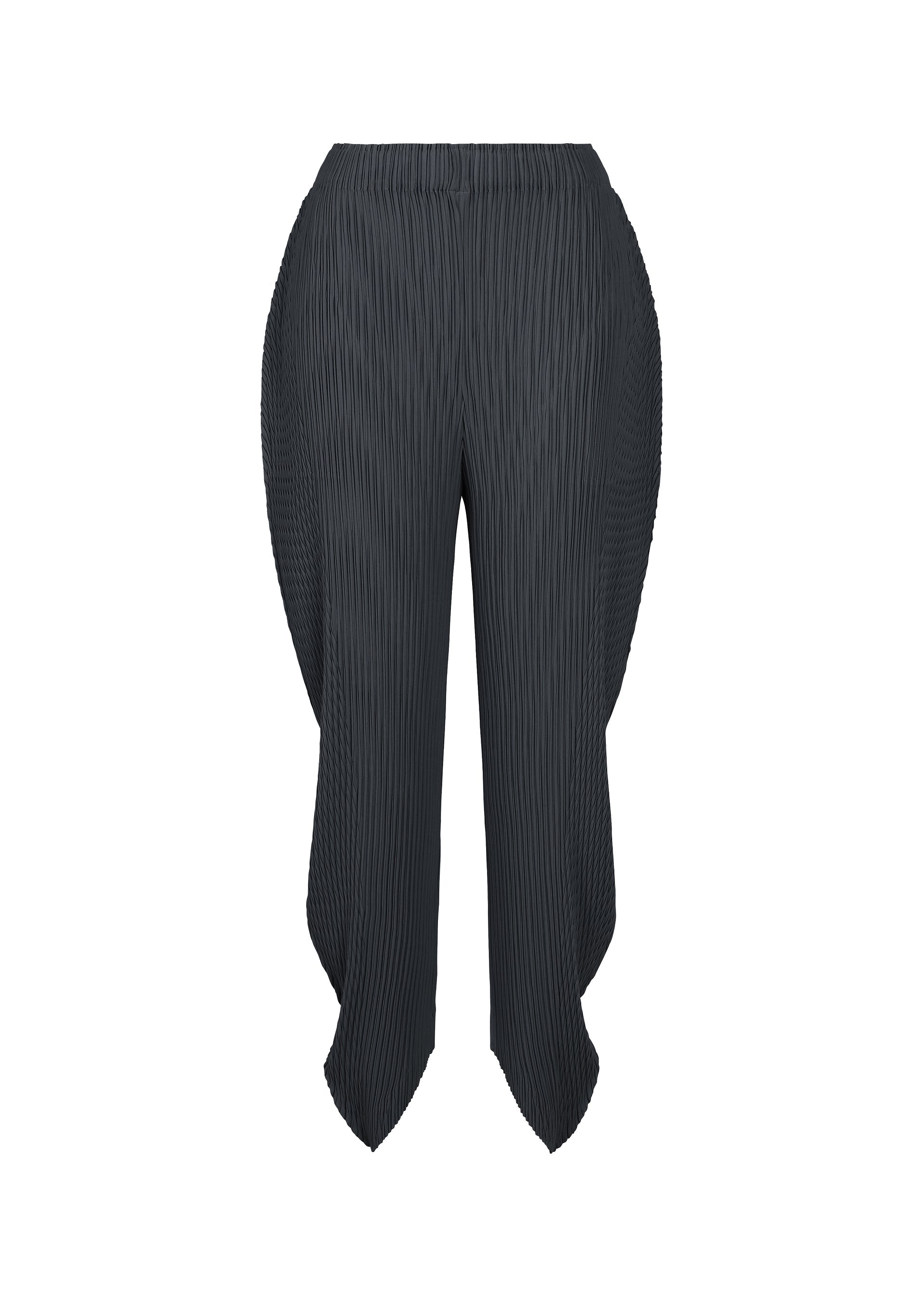 A product shot of the ISSEY MIYAKE LEAF PLEATS trousers in dark navy.