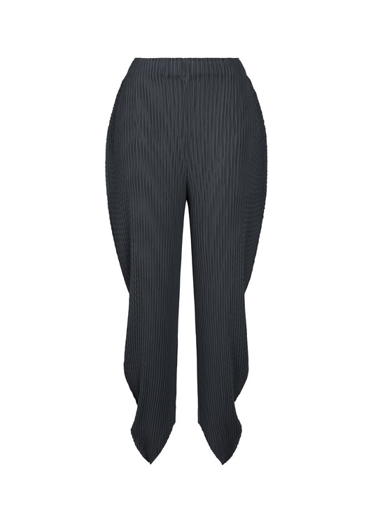 A product shot of the ISSEY MIYAKE LEAF PLEATS trousers in dark navy.