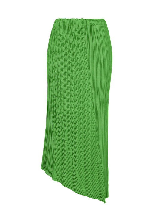 A product shot of the ISSEY MIYAKE UNFURLING PLEATS skirt in green.