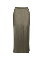 A product shot of the ISSEY MIYAKE GLOSSED PANELS PLEATS skirt in gray.