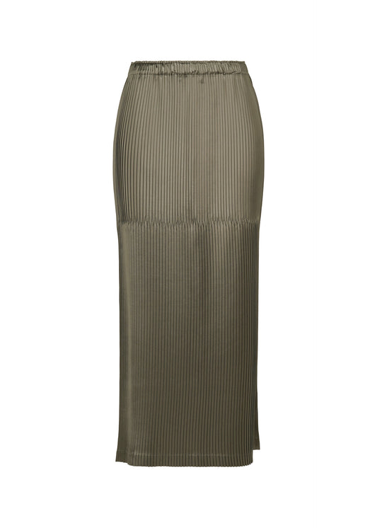 A product shot of the ISSEY MIYAKE GLOSSED PANELS PLEATS skirt in gray.