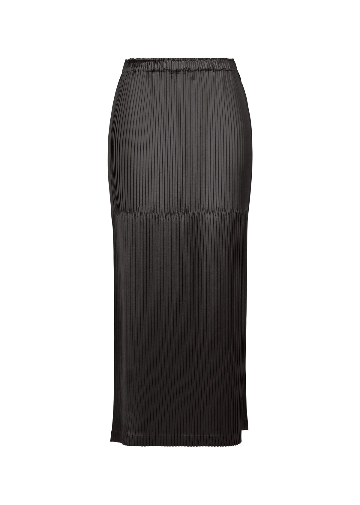 A product shot of the ISSEY MIYAKE GLOSSED PANELS PLEATS skirt in black.