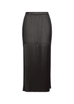 A product shot of the ISSEY MIYAKE GLOSSED PANELS PLEATS skirt in black.