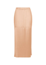 A product shot of the ISSEY MIYAKE GLOSSED PANELS PLEATS skirt in light pink.