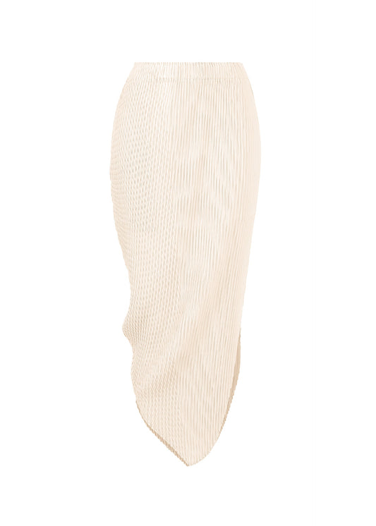 A product shot of the ISSEY MIYAKE LEAF PLEATS skirt in off-white.